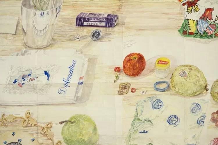 Dawn Clements, Table (MacDowell) , (detail,) 2015, watercolor on paper, 81x 99 inches